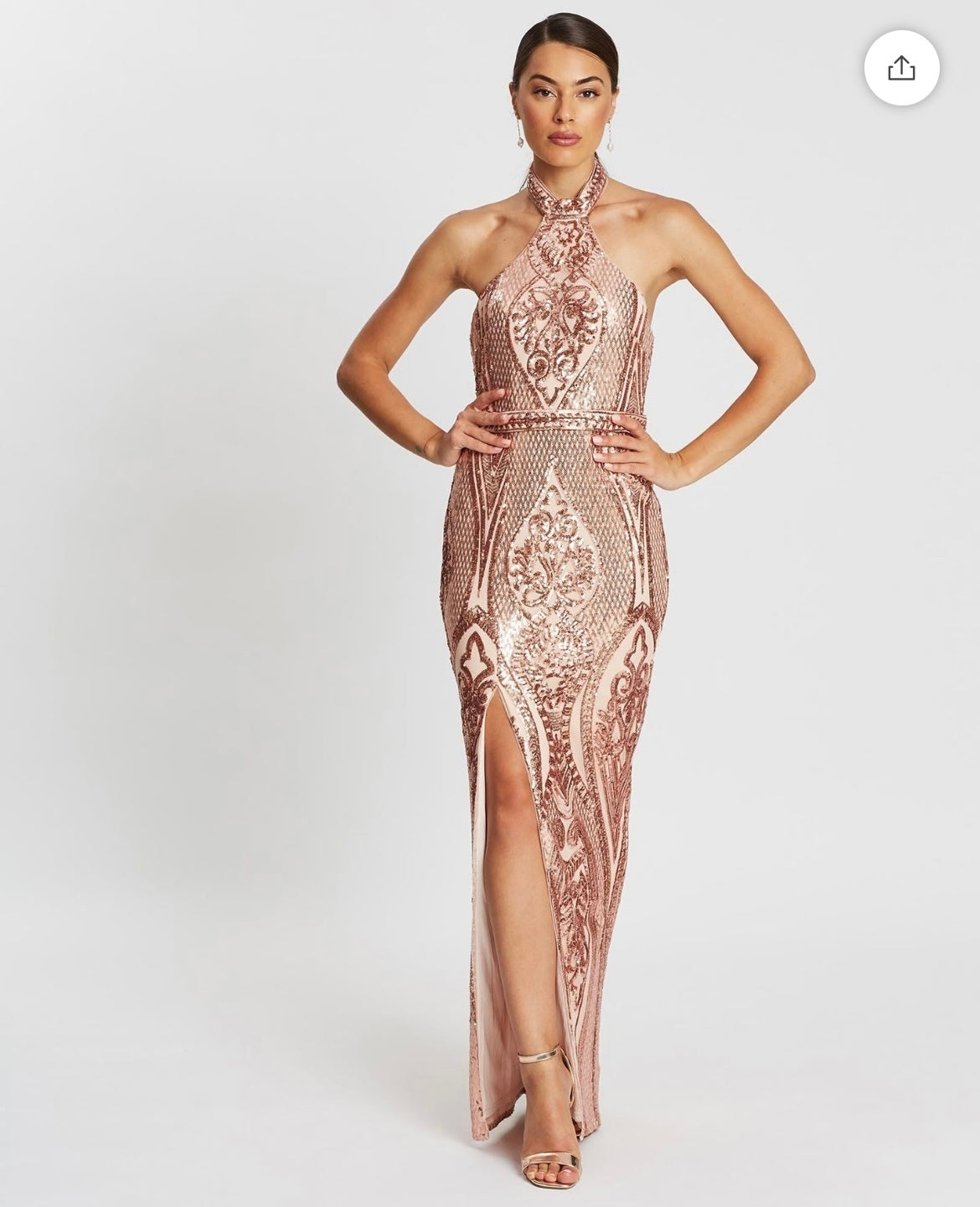 Lumier by Bariano Blush Sequin V-Neck Formal Gown with Thigh-High Slit