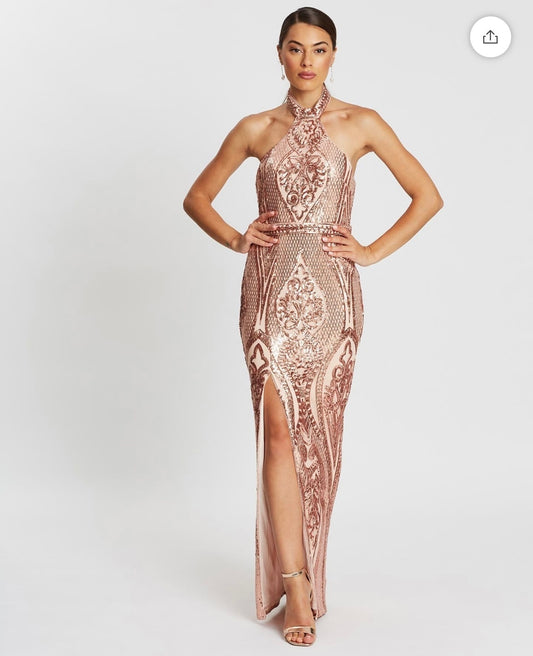 Lumier by Bariano Blush Sequin V-Neck Formal Gown with Thigh-High Slit
