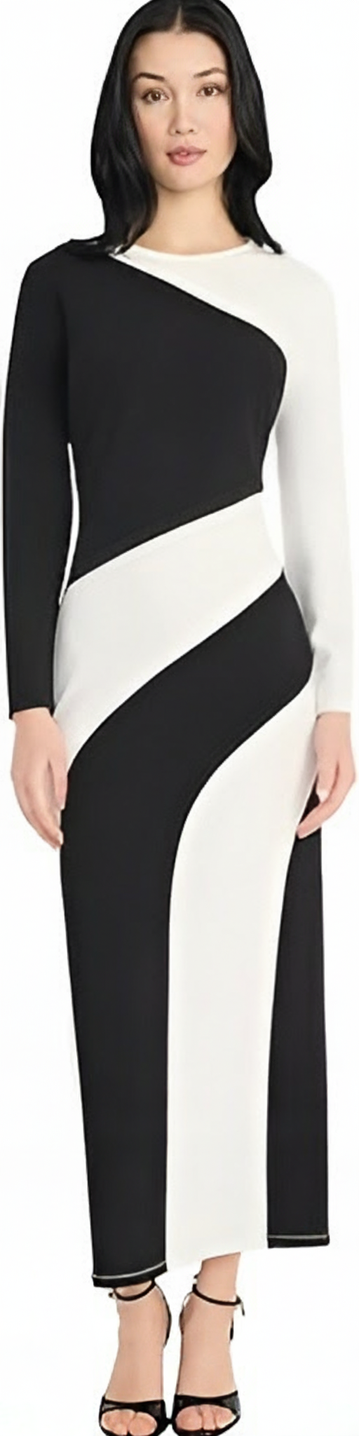 Donna Morgan womens Long Sleeve Bodycon Dress - Ankle Length Maxi With Curved Seam Wave Panel Detail - Womens Formal Scuba Crepe Formal Dress