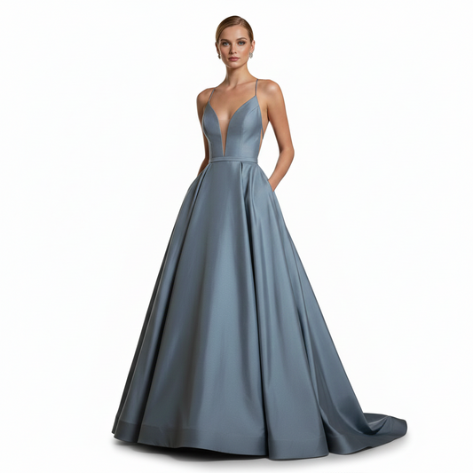 Bariano Australia Strapless/V-Neck (depending on style) Formal Gown in Stone Blue.