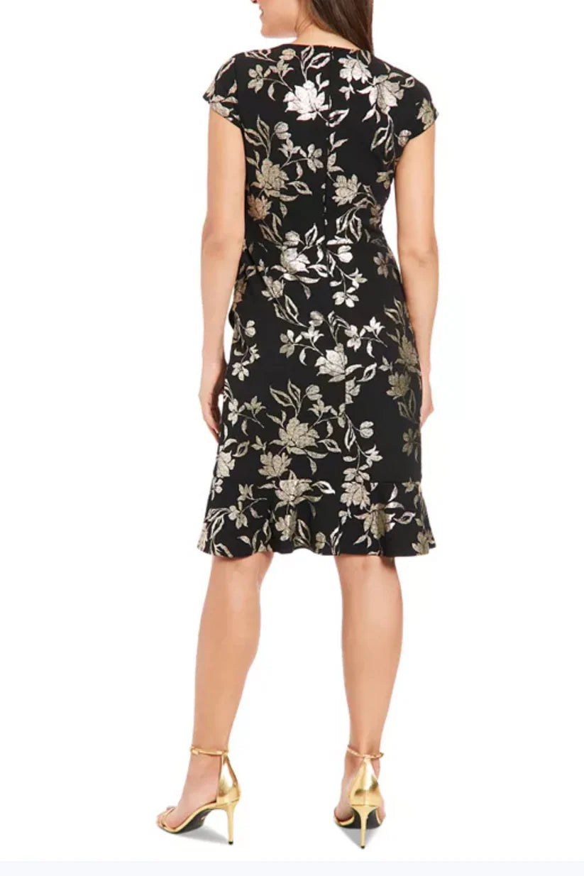 London Times Foil Floral Flounce Faux Wrap Dress