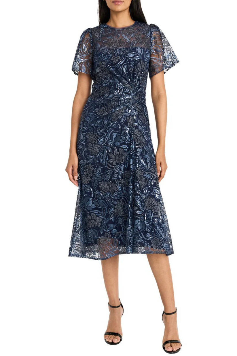 Maggy London Women's Flutter Sleeve Midi Dress with Side Gather Detail