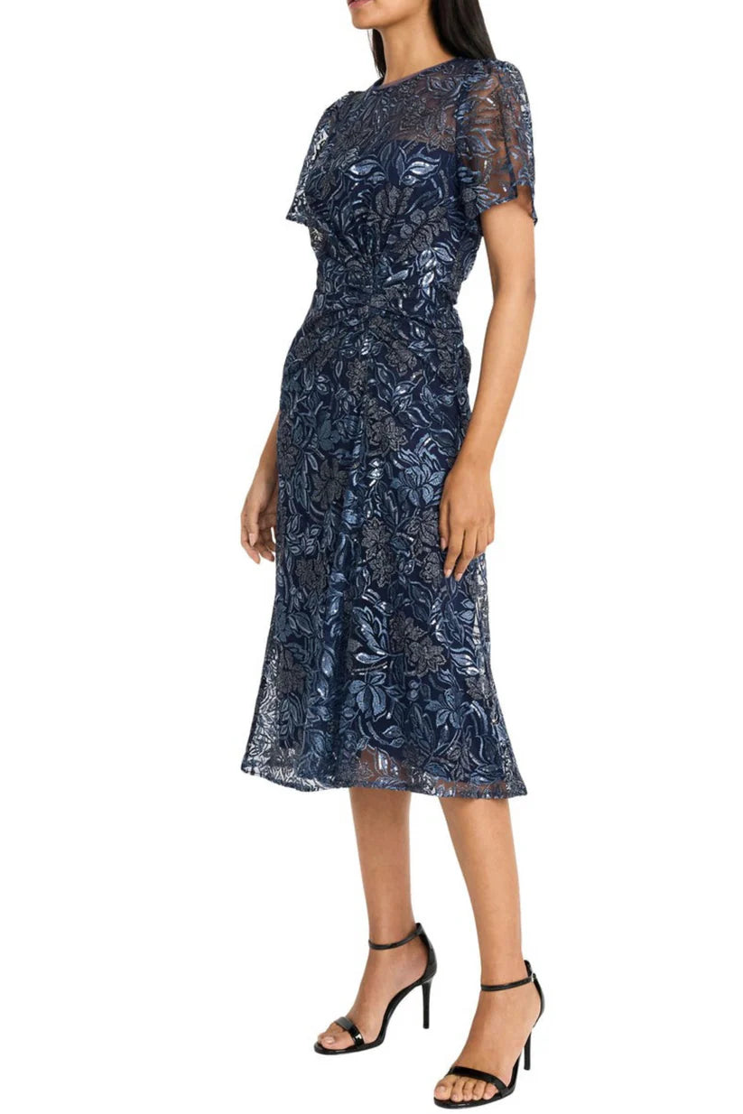 Maggy London Women's Flutter Sleeve Midi Dress with Side Gather Detail