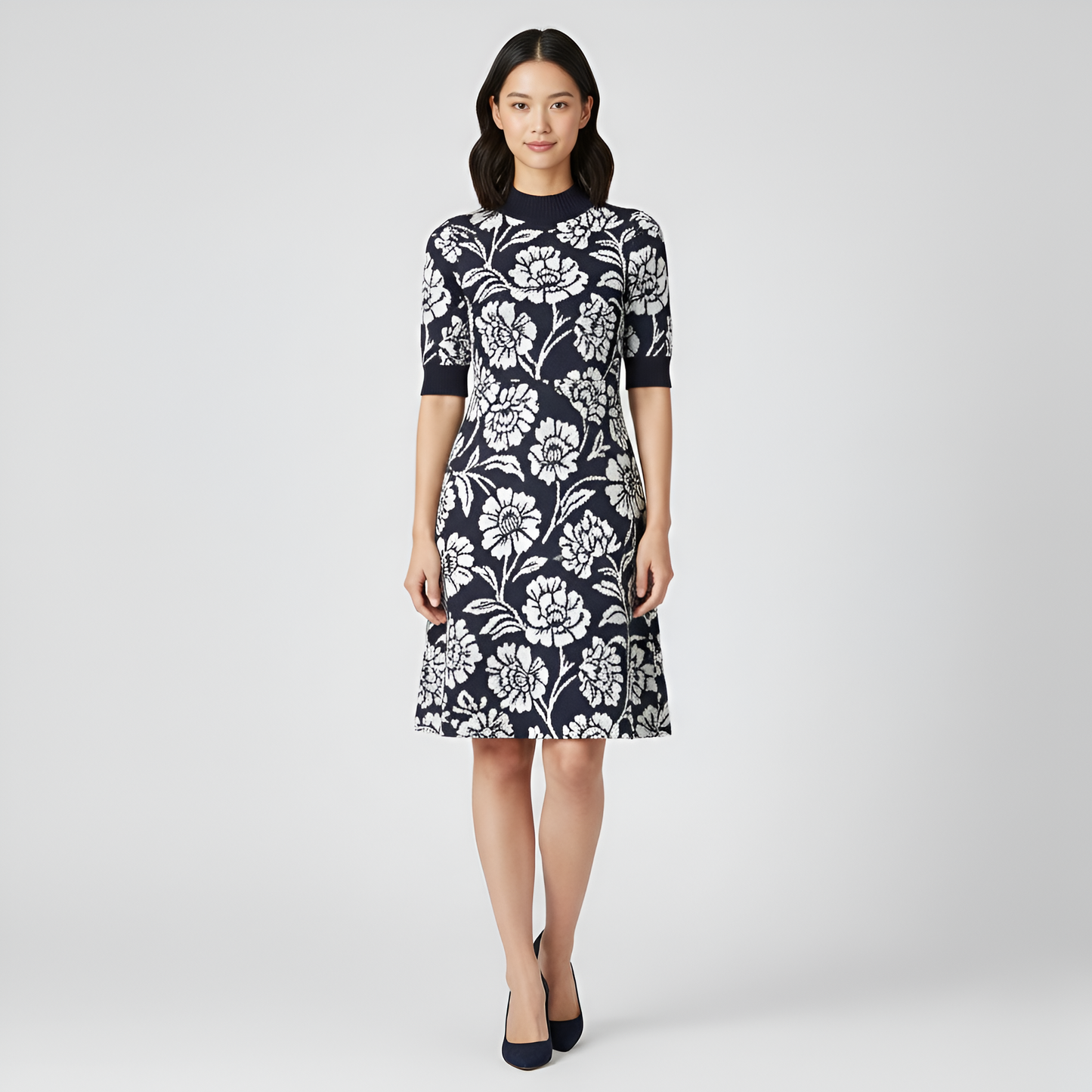 London Times Mock Neck Short Sleeve Sweater Dress - Navy/White Floral Jacquard