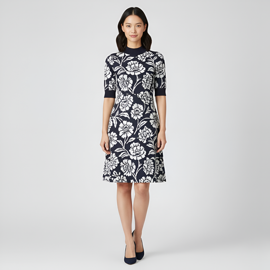London Times Mock Neck Short Sleeve Sweater Dress - Navy/White Floral Jacquard