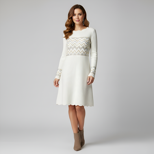 Winter White Knit Sweater Dress – Scalloped Neckline and Metallic Chevron Trim