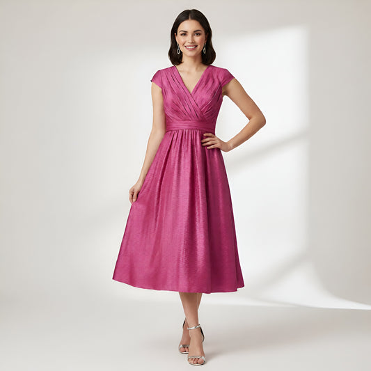 Marina NYC Women’s Fuchsia Pink V-Neck Ruched Party Dress