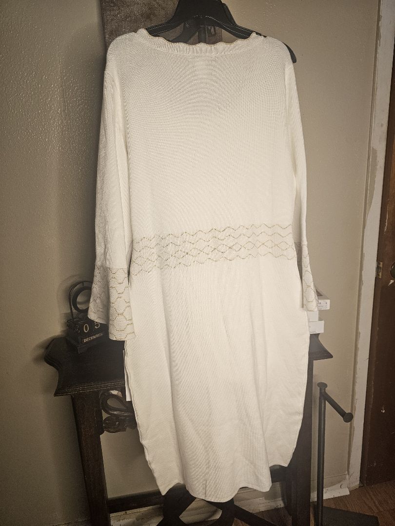 Winter White Knit Sweater Dress – Scalloped Neckline and Metallic Chevron Trim