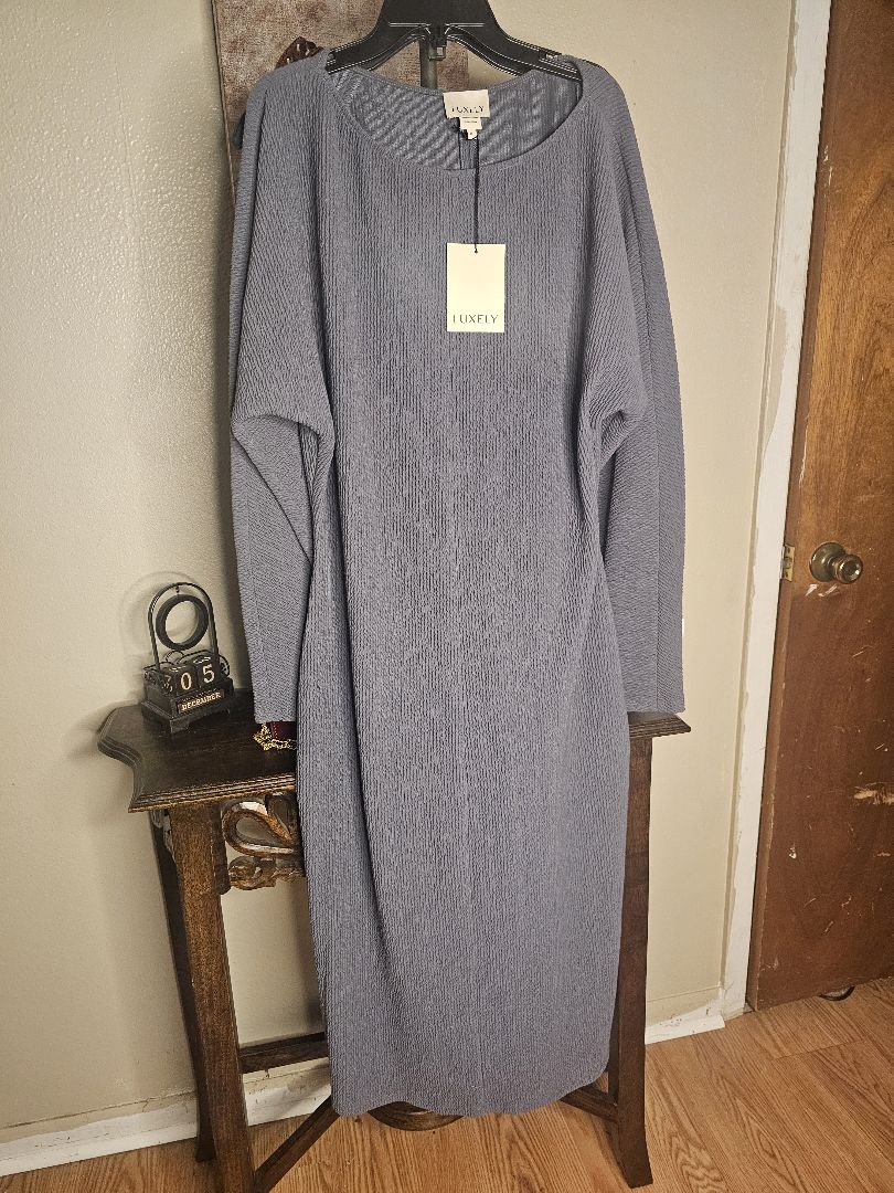 Luxely Textured Plisse Midi Dress – Long Sleeve Elegant Shift in Slate Blue
