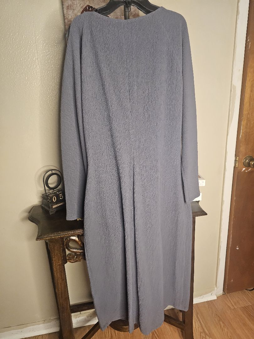 Luxely Textured Plisse Midi Dress – Long Sleeve Elegant Shift in Slate Blue