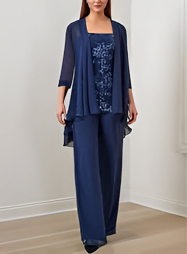 Elegant Navy Beaded Sheath Dress & Chiffon Jacket Set