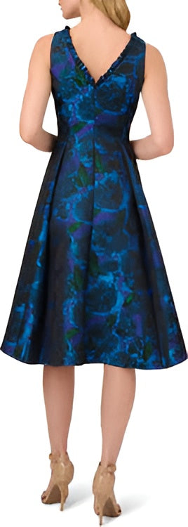 Blue and Green Floral Jacquard V-Neck High-low Brocade Ruffle Dress