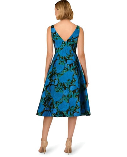 Blue and Green Floral Jacquard V-Neck High-low Brocade Ruffle Dress