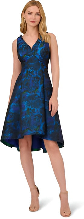 Blue and Green Floral Jacquard V-Neck High-low Brocade Ruffle Dress