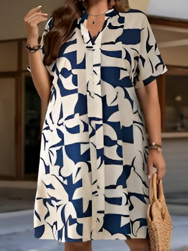 London Times Mock Neck Short Sleeve Sweater Dress - Navy/White Floral Jacquard