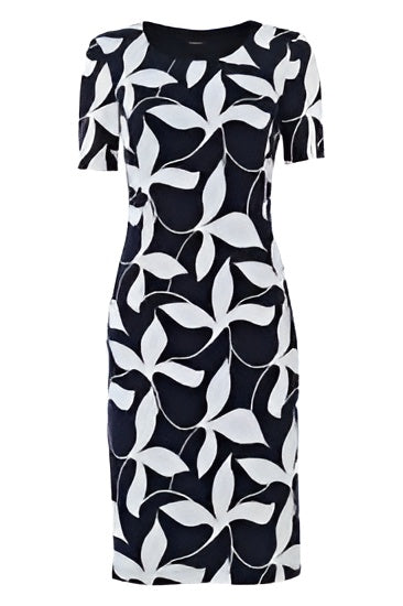 London Times Mock Neck Short Sleeve Sweater Dress - Navy/White Floral Jacquard