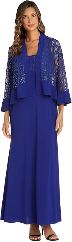 Marina Royal Blue Sequin Lace Long Sleeve Top & Chiffon Skirt Two-Piece Suit