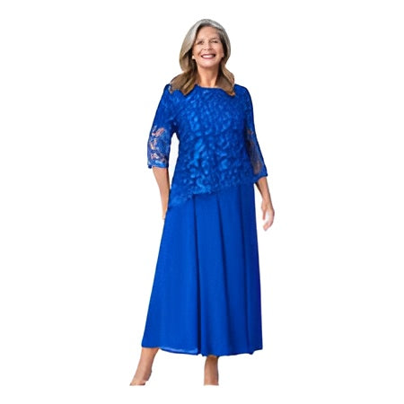 Marina Royal Blue Sequin Lace Long Sleeve Top & Chiffon Skirt Two-Piece Suit