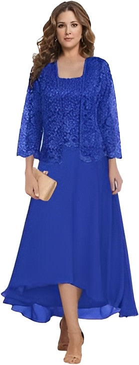 Marina Royal Blue Sequin Lace Long Sleeve Top & Chiffon Skirt Two-Piece Suit