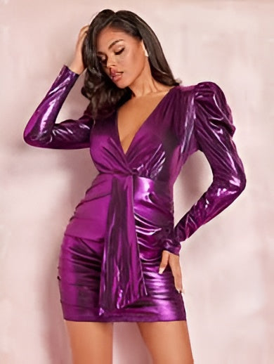 Lulus Retro Radiance Shiny Magenta Long Sleeve Tulip Mini Dress