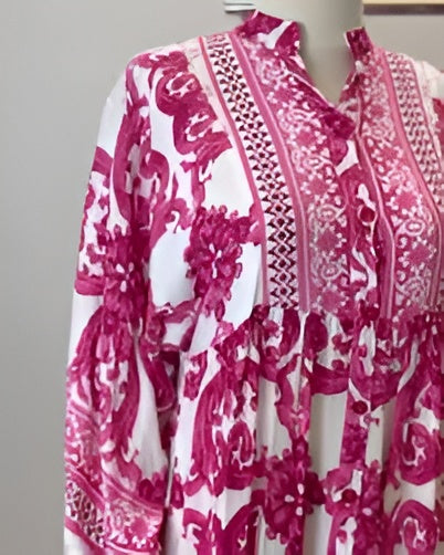 Maggy London Consuela in Pinecone Scroll Tiered Ruffle Midi Dress