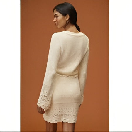 Winter White Knit Sweater Dress – Scalloped Neckline and Metallic Chevron Trim