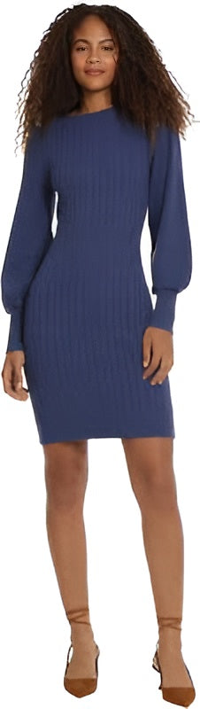 Donna Morgan Cobalt Blue Cable Knit Sweater Dress – Puff Shoulder & Split Cuff Mini