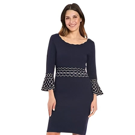 Women's Navy Knit Sweater Dress with Scalloped Neckline and Chevron Trim – Midi Length