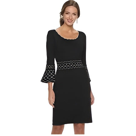 Women's Navy Knit Sweater Dress with Scalloped Neckline and Chevron Trim – Midi Length