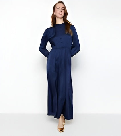 Luxely Deep Navy Satin Midi Dress – Long Sleeve Keyhole Evening Dress
