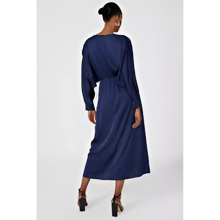 Luxely Deep Navy Satin Midi Dress – Long Sleeve Keyhole Evening Dress