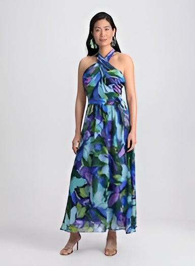 London Times Aqua/Royal Blue Floral Print Halter Neck Maxi Dress