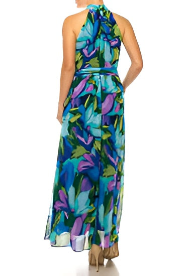 London Times Aqua/Royal Blue Floral Print Halter Neck Maxi Dress