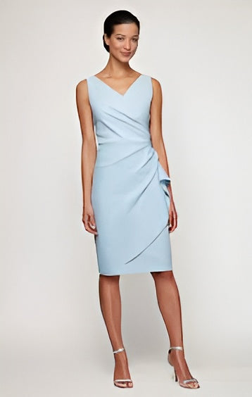 London Times Sky Blue Sleeveless Faux-Wrap Sheath Dress with Cascade Ruffle
