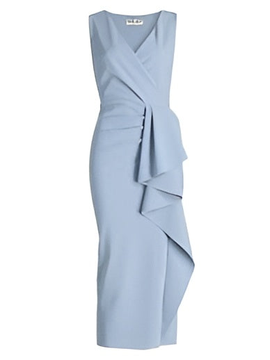 London Times Sky Blue Sleeveless Faux-Wrap Sheath Dress with Cascade Ruffle