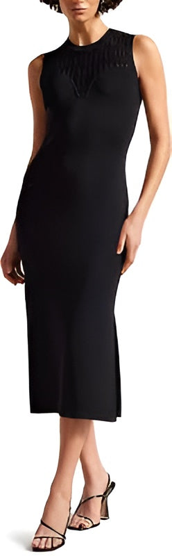 Designer Inspired Black Jacquard Knit Sheath Dress with Mesh Yoke