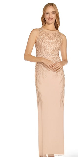 Adrianna Papell Sleeveless Beaded Mesh Illusion Formal Column Gown - Blush/Nude Gold