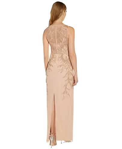 Adrianna Papell Sleeveless Beaded Mesh Illusion Formal Column Gown - Blush/Nude Gold