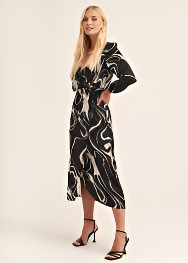 London Times Black & White Abstract Swirl Print Long Sleeve Faux-Wrp Midi Dress