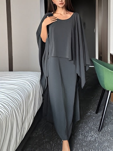 Black Chiffon One-Shoulder Overlay Draped Shift Midi Dress