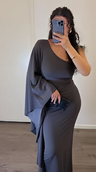 Black Chiffon One-Shoulder Overlay Draped Shift Midi Dress