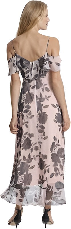 London Times Blush Pink & Charcoal Floral Print Ruffle Cold Shoulder Midi Dress