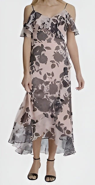 London Times Blush Pink & Charcoal Floral Print Ruffle Cold Shoulder Midi Dress