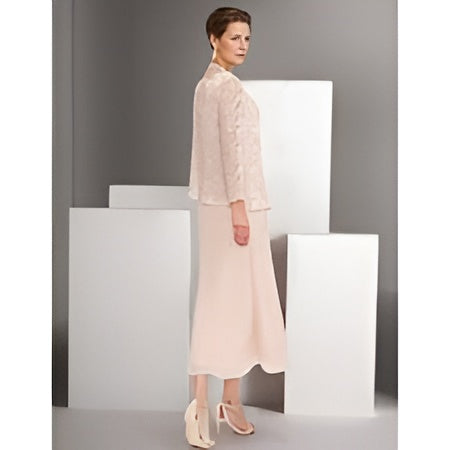 Elegant Blush Pink Sequined Lace Mother of the Bride Long Suit Dress with Chiffon Skirt