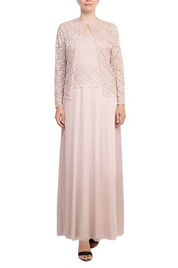 Elegant Blush Pink Sequined Lace Mother of the Bride Long Suit Dress with Chiffon Skirt