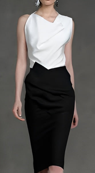London Times Black & White Color Block Sleeveless Ruffle Sheath Dress