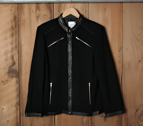 Linea by Louis Dell'Olio Black Wool Blend Boucle Jacket with Gold Zippers & Faux Leather Trim