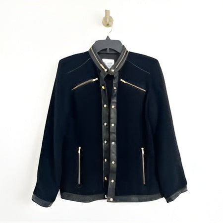 Linea by Louis Dell'Olio Black Wool Blend Boucle Jacket with Gold Zippers & Faux Leather Trim