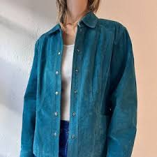 Vintage Bagatelle Teal Green Genuine Suede Leather Button-Up Shirt Jacket