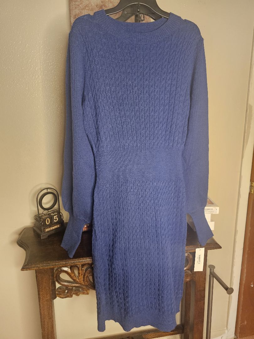 Donna Morgan Cobalt Blue Cable Knit Sweater Dress – Puff Shoulder & Split Cuff Mini